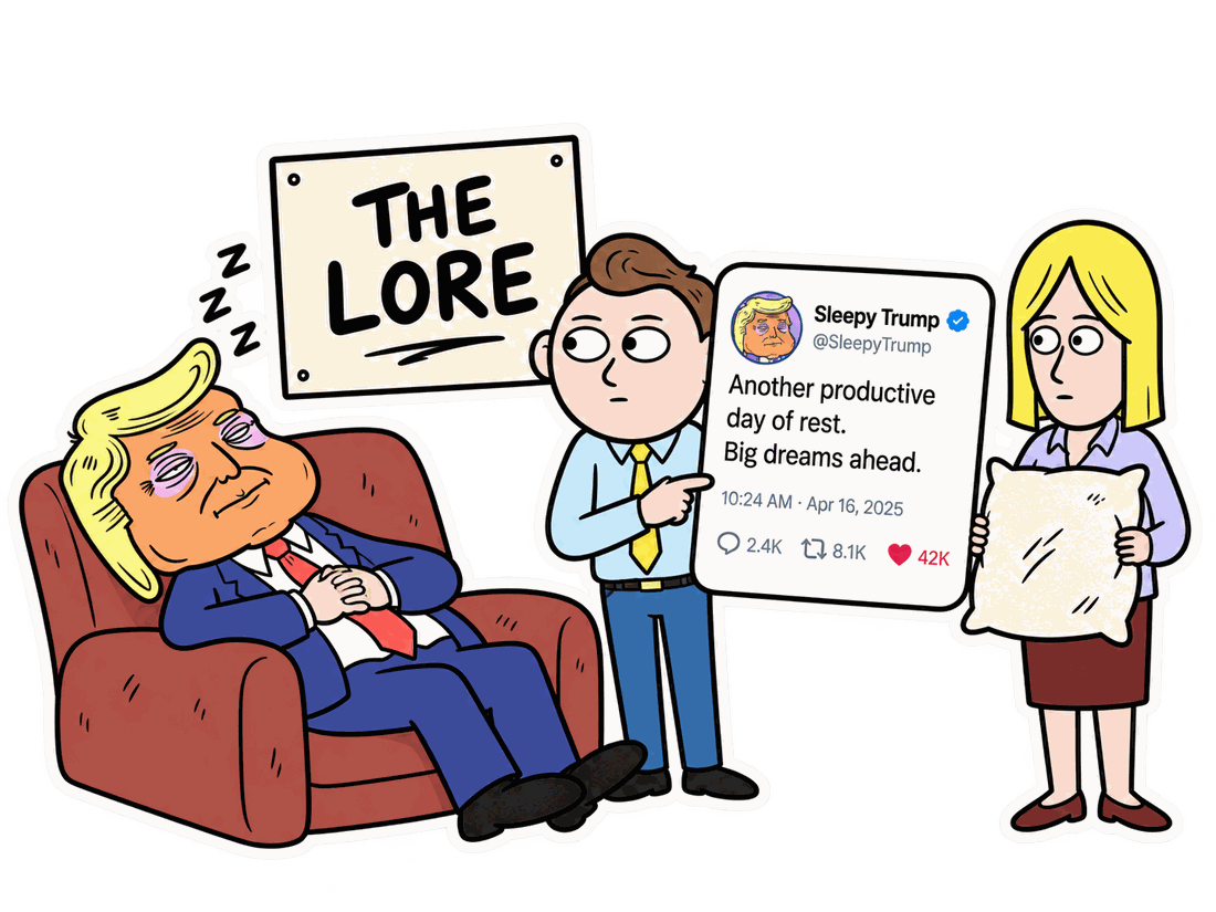 Sleepy Trump asleep in an armchair while an aide points at a tweet and a spokesperson holds a pillow.