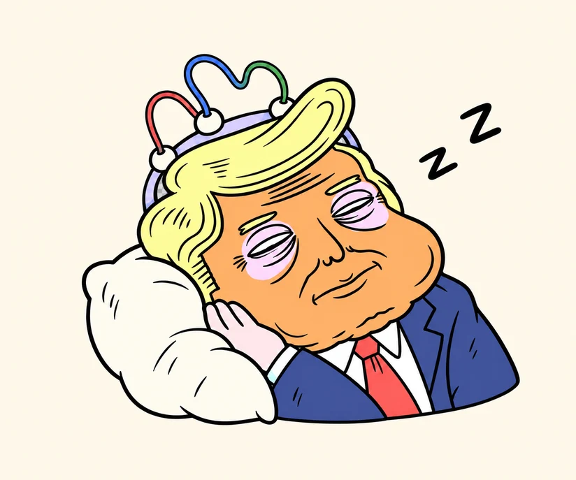 Sleepy Trump dozing on a pillow while wearing the lab's brain scanner.
